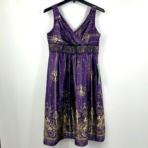 NWT Coldwater Creek purple gold baroque faux wrap lace beaded satin dress 10 P